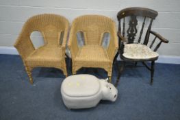 A PAIR OF WICKER TUB CHAIRS, another armchair, and a hippo ottoman stool (4)