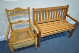 A MODERN PINE SLATTED BENCH, length 110cm, and an Edwardian satinwood commode armchair (2)