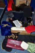 TWO BOXES OF HANDBAGS, to include vintage and modern evening bags, handbags and purses, makers to
