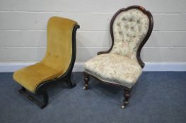A LATE VICTORIAN EBONISED SLIPPER CHAIR, and a Victorian mahogany spoon back chair (2)