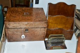 A BURR WOOD VENEERED WRITING BOX AND TWO LETTER RACKS, the fall front of the writing box opens to