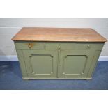 A 19TH CENTURY GREEN PAINTED PINE SIDEBOARD, with three drawers, over two cupboard doors, length