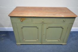 A 19TH CENTURY GREEN PAINTED PINE SIDEBOARD, with three drawers, over two cupboard doors, length