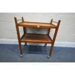 AN EARLY TO MID 20TH CENTURY MAHOGANY TWO TIER TEA TROLLEY, of a tapered design (condition - surface