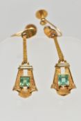 A PAIR OF EARLY 20TH CENTURY EMERALD DROP EARRINGS, each of a tapered Art Deco design set to the