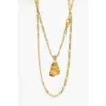 A YELLOW NUGGET PENDANT AND CHAIN, rough gold nugget, fitted with a yellow metal bail, unmarked,