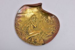 A BERGMAN BRONZE SHELL SHAPED DISH, cast with a figure of a nymph seated on a rock combing her hair,
