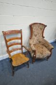 A LATE VICTORIAN WALNUT ARMCHAIR, with floral fabric, and a 19th century elm ladderback armchair (