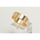 A 9CT GOLD WIDE BAND RING, flat polished band, approximate band width 5.9mm, hallmarked 9ct