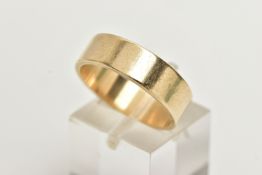 A 9CT GOLD WIDE BAND RING, flat polished band, approximate band width 5.9mm, hallmarked 9ct