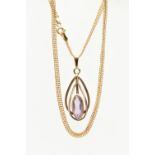 A 9CT YELLOW GOLD, AMETHYST PENDANT NECKLACE, the pendant of an openwork drop design, set to the