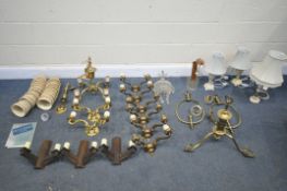 A SELECTION OF LIGHTING, to include an Arts and Crafts brass triple branch ceiling light, two oval