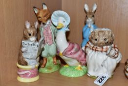 FIVE LARGE ROYAL ALBERT BEATRIX POTTER FIGURES, with BP-6 backstamps, comprising Mrs Tiggy-Winkle,