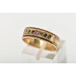 A 9CT YELLOW GOLD ACROSTIC RING, set with a row of circular cut gemstones spelling out the word '