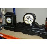TWO VICTORIAN BLACK SLATE MANTEL CLOCKS, comprising a large black slate mantel clock, eight day,