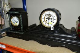 TWO VICTORIAN BLACK SLATE MANTEL CLOCKS, comprising a large black slate mantel clock, eight day,