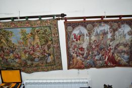 TWO LARGE WALL HANGINGS, of traditional style, woven and lined, comprising Romance at Camelot by