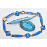 THREE PIECES OF GUILLOCHE ENAMEL JEWELLERY, to include a bar brooch, detailed with a blue