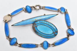 THREE PIECES OF GUILLOCHE ENAMEL JEWELLERY, to include a bar brooch, detailed with a blue