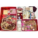 A BOX OF ASSORTED ITEMS, to include two masonic medals, an assortment of pins and badges, a small