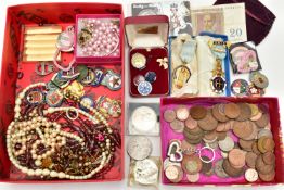 A BOX OF ASSORTED ITEMS, to include two masonic medals, an assortment of pins and badges, a small