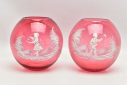 A PAIR OF LATE 20TH CENTURY CRANBERRY GLASS GLOBULAR VASES WITH WHITE ENAMEL DECORATION IN THE