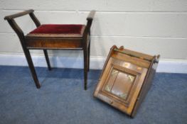 AN 19TH CENTURY OAK AND BRASS PURDONIUM (condition:-crack to panel) and a beech piano stool (2)