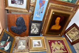 EIGHTEEN PICTURE AND PRINTS ETC, to include portraits of historic royal figures, a wooden plaque