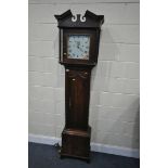 A GEORGIAN OAK 30 HOUR LONGCASE CLOCK, a square glazed door enclosing a painted dial with Roman