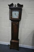 A GEORGIAN OAK 30 HOUR LONGCASE CLOCK, a square glazed door enclosing a painted dial with Roman