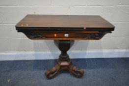 A REGENCY ROSEWOOD TEA TABLE, the swivel fold over top, with rounded corners, foliate decoration