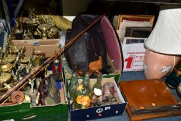 FIVE BOXES AND LOOSE SUNDRY ITEMS, to include a split cane fishing rod with two unmarked wooden