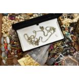 A BOX OF ASSORTED COSTUME JEWELLERY, to include beaded necklaces, imitation pearl necklaces,