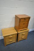 A PAIR OF OAK FINISH TWO DRAWER BEDSIDE CABINETS, and an oak three drawer bedside cabinet (