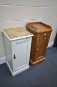 A VICTORIAN SATINWOOD SINGLE DOOR POT CUPBOARD, width 36cm x depth 47cm x height 81cm, and a painted