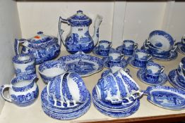 A LARGE QUANTITY OF BLUE AND WHITE SPODE ITALIAN DESIGN DINNERWARES, comprising a coffee pot, six