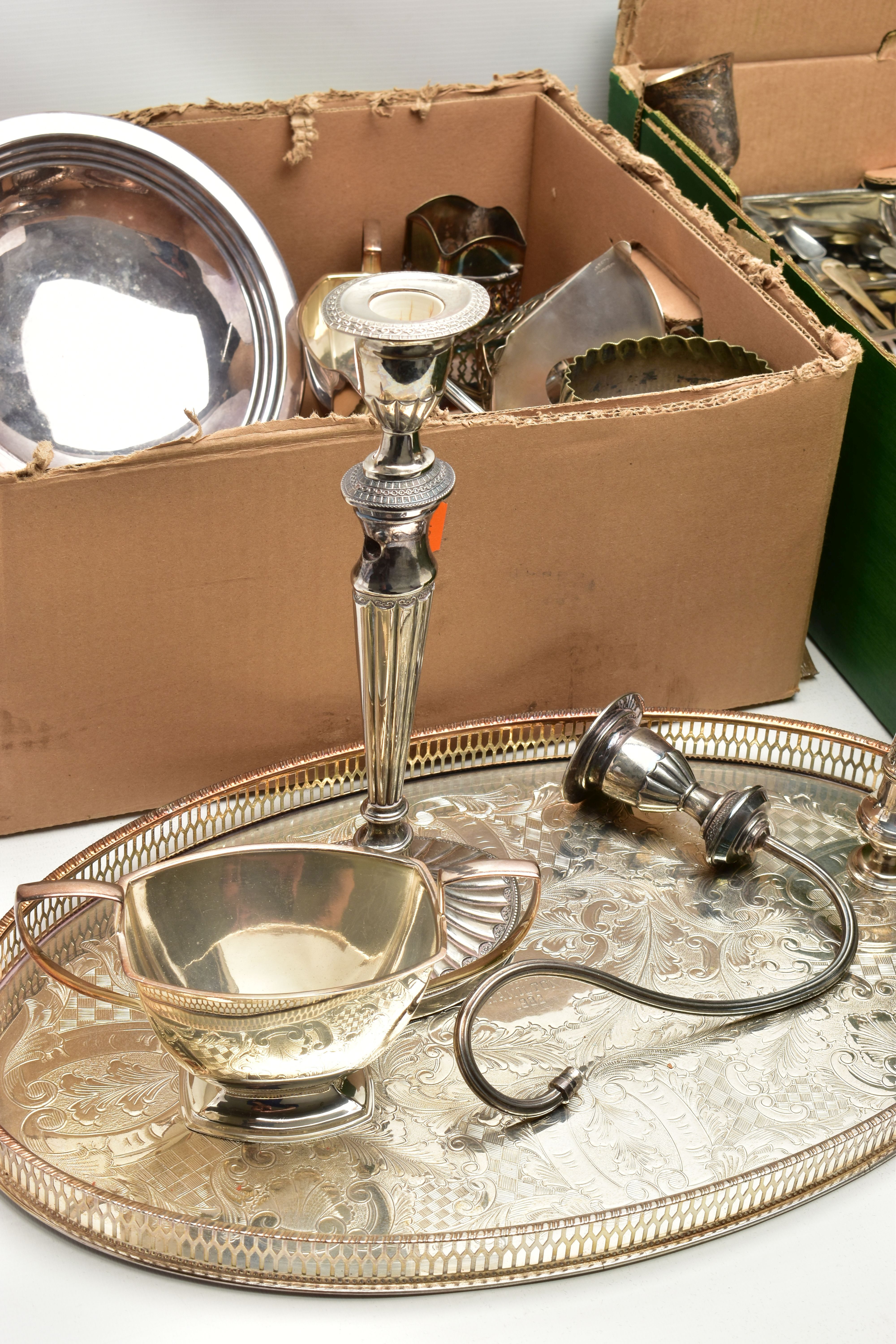 TWO BOXES OF ASSORTED WHITE METAL WARE, to include a silver-plated three branch candlestick with - Image 2 of 6