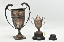 TWO 20TH CENTURY SILVER TWIN HANDLED TROPHY CUPS, the larger example on a square base, marks