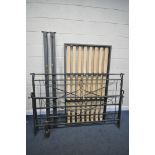 AN ALUMINIUM SUPER KING BED STEAD, with side rails, slats, and supports (top of footboard welding