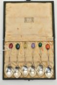 A CASED SET OF SIX SILVER COFFEE SPOONS, each polished spoon is set to the terminal with a semi-