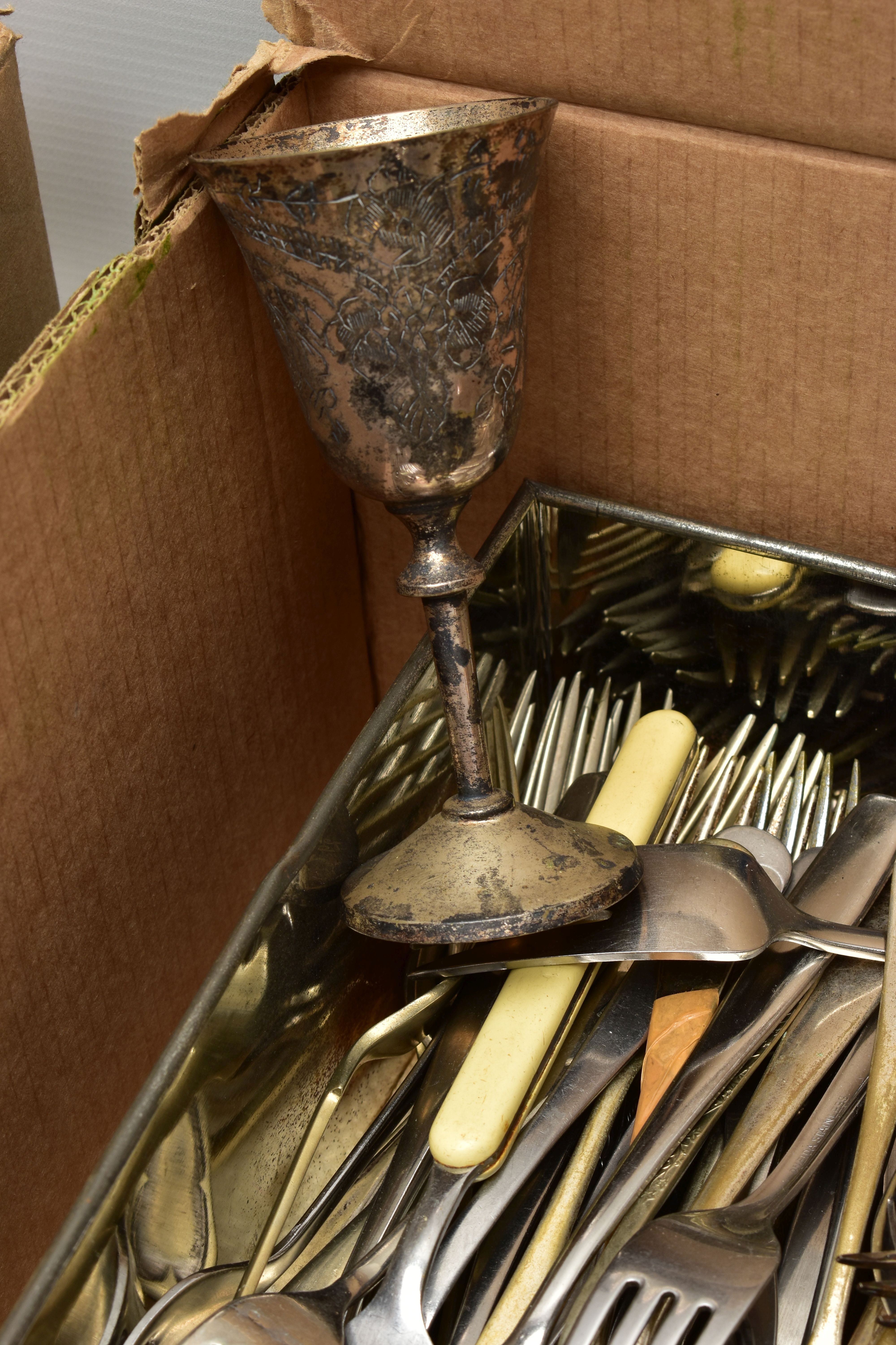 TWO BOXES OF ASSORTED WHITE METAL WARE, to include a silver-plated three branch candlestick with - Image 5 of 6