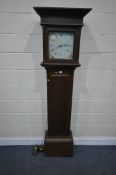 A GEORGIAN OAK 30 HOUR LONGCASE CLOCK, a square glazed door enclosing a painted dial with Roman