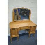 A 19TH CENTURY PINE DRESSING TABLE, with a single mirror, with a panelled cupboard doors flanking
