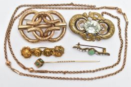 FOUR BROOCHES A STICK PIN AND A CHAIN, to include a large gold plated floral detailed brooch