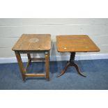 A 19TH CENTURY SQUARE PINE TABLE, on casters, width 56cm x depth 53cm x height 71cm, and a