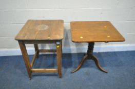 A 19TH CENTURY SQUARE PINE TABLE, on casters, width 56cm x depth 53cm x height 71cm, and a