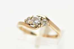 A 9CT GOLD THREE STONE DIAMOND RING, three round brilliant cut diamonds, approximate total diamond