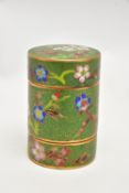 A 20TH CENTURY CLOISONNE SECTIONAL CYLINDRICAL BOX AND COVER, character marks to the underside,