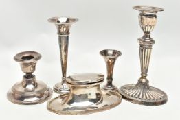 FIVE PIECES OF 20TH CENTURY SILVER, comprising a George V capstan inkwell of oval form, makers A & J