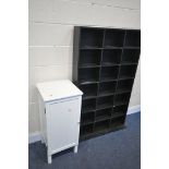A WHITE SINGLE DOOR BATHROOM CABINET, and a black finish pigeon hole unit (2)